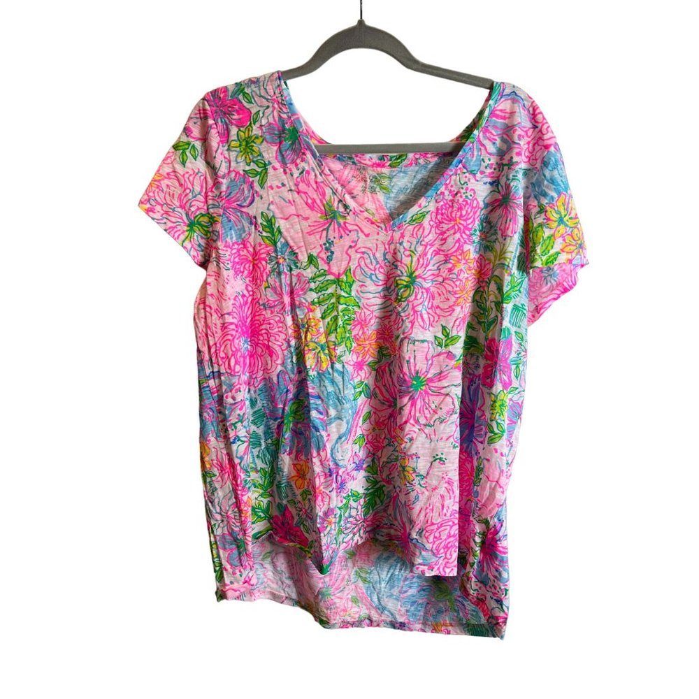 Lilly Pulitzer Etta Top V Neck Short Sleeve Abstract Floral Tee Shirt Pink XXL